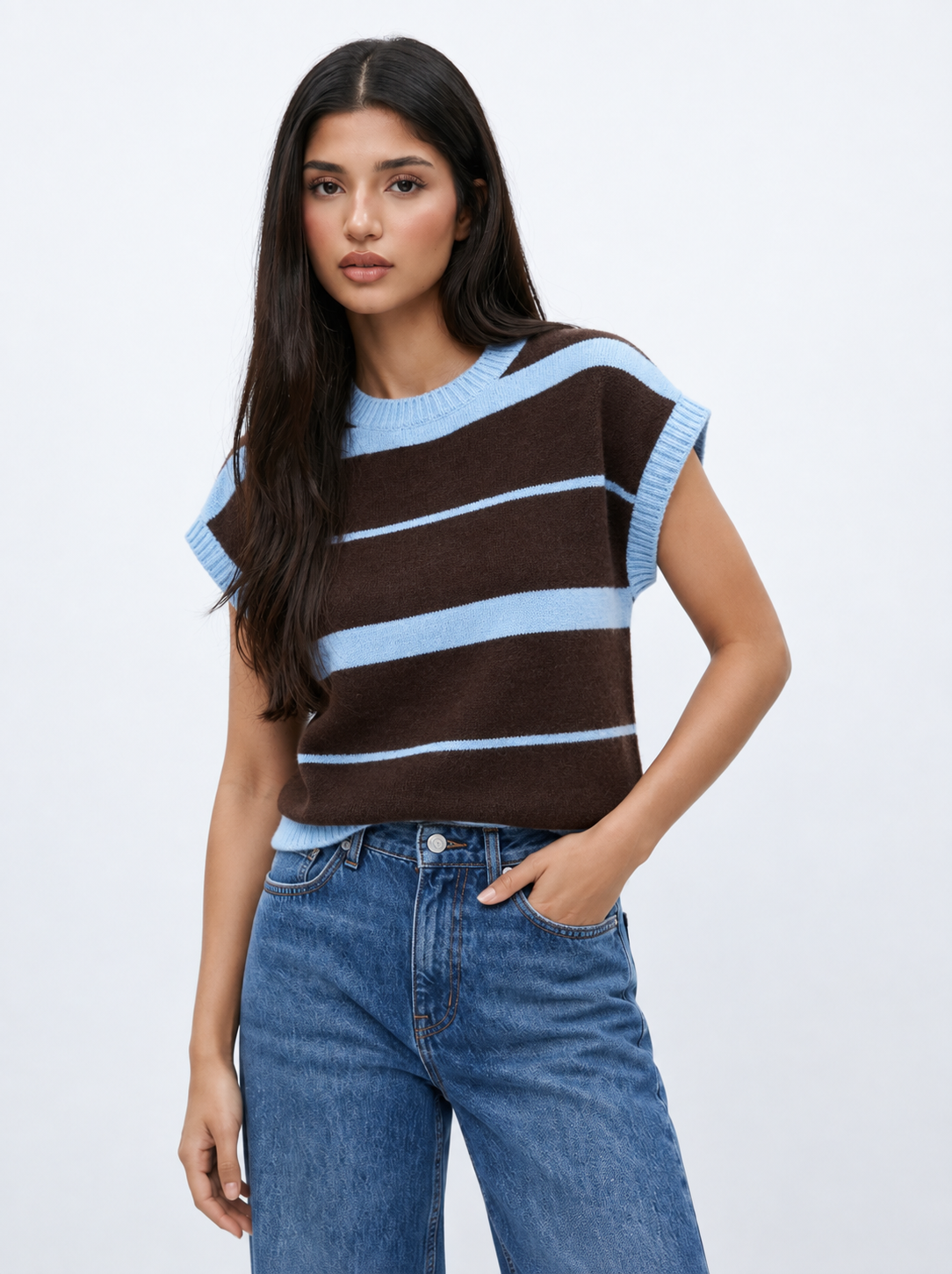 Mouwloze trui blauw bruin